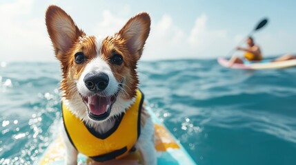 A happy corgi paddles eagerly on its surfboard through clear blue waters, capturing the essence of joy and playfulness in a perfect beach day setting.