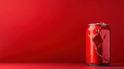 A damaged red soda can reveals its torn surface against a plain red background, evoking thoughts on imperfection and the fleeting nature of consumer products and experiences.