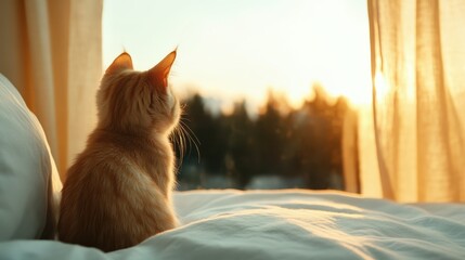 A fluffy orange cat sits on a soft bed, gazing out at the sunset, capturing a moment of tranquility and warmth amidst a serene domestic atmosphere filled with comfort.