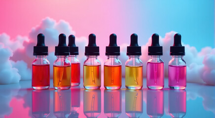 Studio shot of colorful e-liquid bottles against a vibrant background. Product photography for vaping industry.