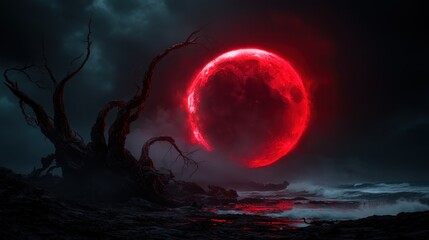 A captivating scene features a large, ominous red moon casting eerie reflections on turbulent ocean waves, while gnarled trees loom in the foreground under dark stormy clouds.