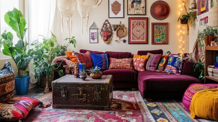 Naklejka premium Cozy Boho Chic Living Room. A Stylish and Relaxing Space with Colorful Pillows, Woven Textures, and Greenery. Modern Home Decor and Real Estate Concept.