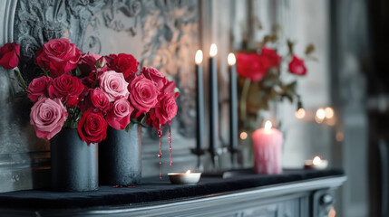 Obraz premium Gothic fireplace mantle decor with roses and candles for romantic atmosphere