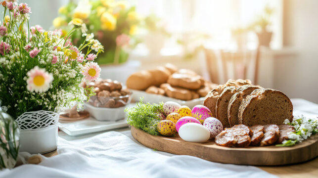Festive polish easter sunday family table setting with bread and decorated eggs