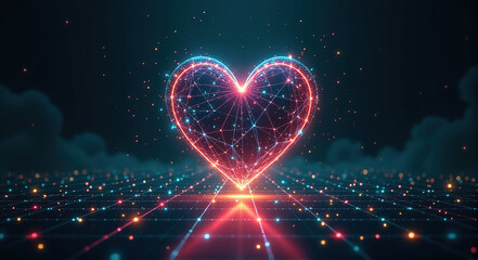 Glowing digital heart on a dark grid background.  Perfect for Valentine's Day or technology related projects.