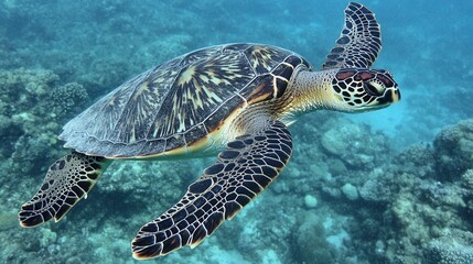 Fototapeta premium A swimming sea turtle shown underwater with details of its body
