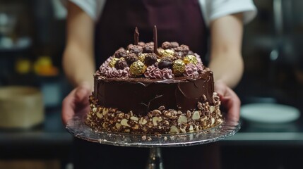Decadent Ferrero Rocher birthday cake with hazelnut cream, chocolate ganache