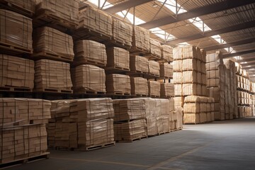 Industrial Storage: A massive warehouse interior reveals a vast array of stacked wooden pallets filled with packed building materials