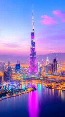 Obraz premium Illuminated skyscraper at dusk, reflecting in calm water, surrounded by city lights