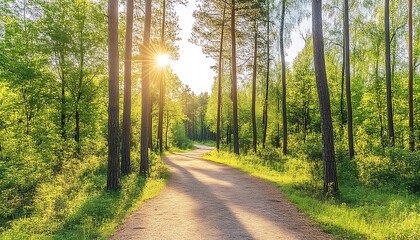 Obraz premium Sunlit Forest Path for Spring Sunrise.