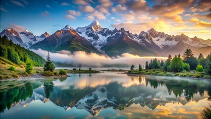 Fototapeta premium Stunning Foggy Morning at Mount Cook, New Zealand: Snow-Capped Peaks, Tranquil Lake, and Lush Greenery