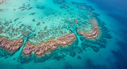 Obraz premium A bird’s-eye view of a vibrant coral reef in crystal-clear turquoise waters, teeming with marine life