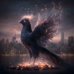 Fototapeta premium Fiery phoenix cityscape fantasy art print