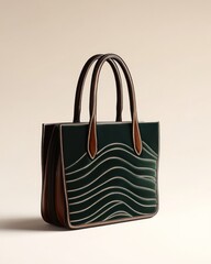 Green velvet tote bag, studio shot, beige background, fashion accessory
