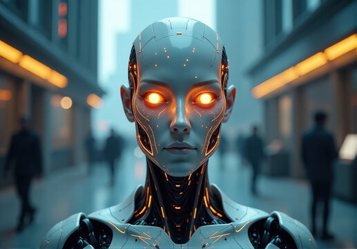 Closeup portrait of a female android in a futuristic city setting. Glowing eyes and intricate mechanical details are visible. - Powered by Adobe