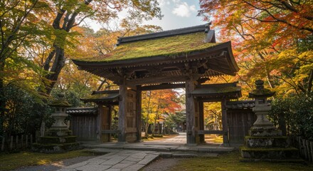 An ancient Japanese temple gate, partially covered in moss and surrounded by autumn foliage, captures the fleeting beauty of nature