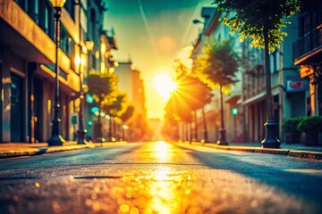 Summer Holiday Street Silhouette: Cool Tones, Blurred Background, Empty Street