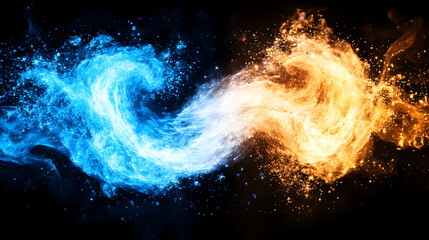 Intertwined fire and ice swirls on black background