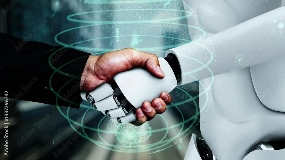 Poster internet connection controlled by ai robot huminoid and machine learning process to analyze data con