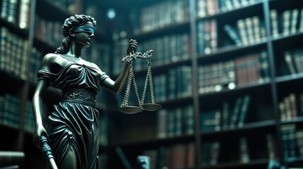 Fototapeta premium Justice statue in library, balance, law, fairness, judgment, background