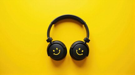 Black headphones with yellow smiley faces on a yellow background. Perfect for music, technology, and happiness concepts.