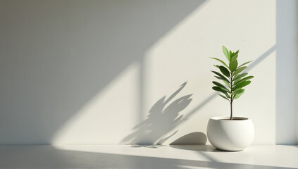 Minimalist image of a green plant in a white pot, sitting on a windowsill against a bright white wall. Perfect for interior design blogs, websites, or social media.