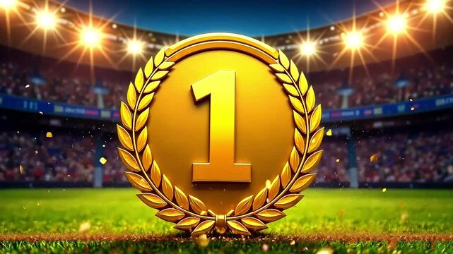 Gold medal with number one with laurel wreath on festive background sport stadium, confetti. Golden symbol of winner for 1st place, celebration, sport competition, champion games