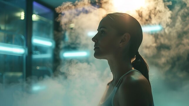 Cryotherapy treatment futuristic wellness center where woman stands hightech cryo chamber surrounded misty vapor cool blue lighting emphasizing advanced rejuvenation and wellness technology setting