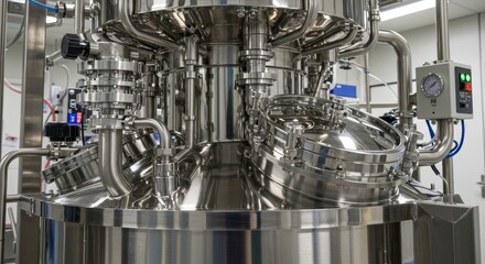 Industrial Stainless Steel Mixing Tank - Close-up view of a large, stainless steel industrial mixing tank with intricate piping and valves