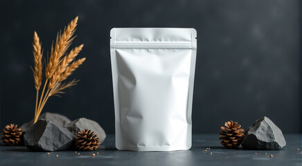 Blank white stand-up pouch mockup surrounded by natural elements. Perfect for food, coffee, or tea packaging design.