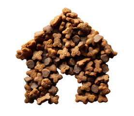 Obraz premium Dry dog food or pellets arragned in dog house shape, top view
