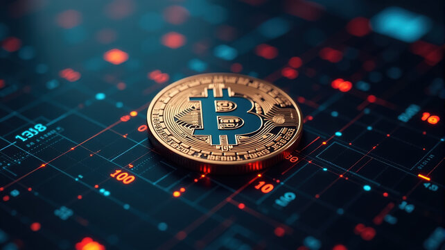 Close-up of a golden bitcoin on a digital background.  Concept of cryptocurrency, finance, and technology.
