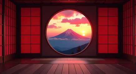 Empty Japanese room with large round window showcasing a stunning sunset mountain view. Perfect for meditation, relaxation, or zen-inspired designs.