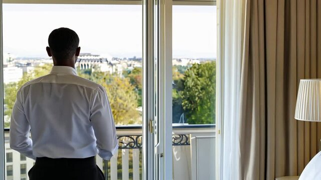 Luxury hotel bellhop presenting a spacious suite to delighted guests