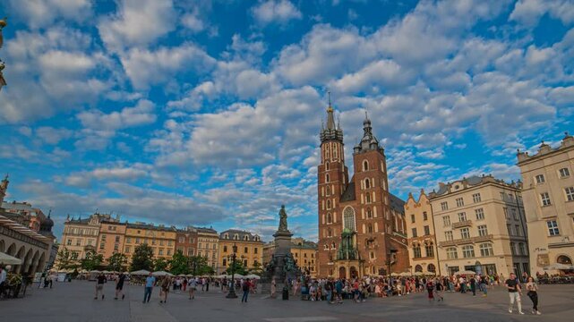 St. Mary's Basilica in Cracow in evening, hyperlapse and timelapse