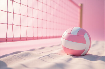 Pink volleyball on a sandy beach near a pink net. Summer vibe, soft light, pastel colors.