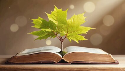 An open book with a young green tree sprouting, pages symbolizes knowledge, growth, and wisdom. The warm glowing background enhances the concept of learning, education and nature connection to wisdom.