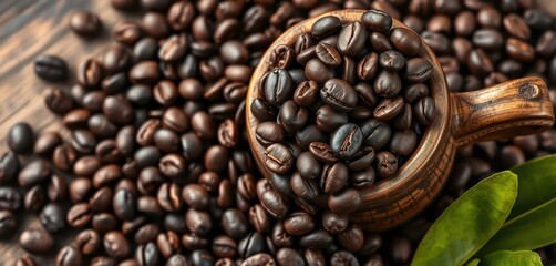 Fototapeta premium Dark roasted coffee beans overflowing from a rustic wooden cup, photography, image