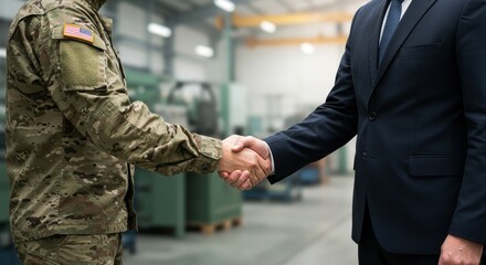 Military and Industry Collaboration: A Partnership for Progress - A soldier and businessman shake hands, symbolizing unity, collaboration, mutual respect, shared goals, and national security