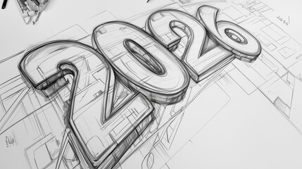 Sketch-style bold 3D rendering of number 2026 in large perspective view surrounded by abstract linear elements on white background representing the new year and futuristic optimism in conceptual graph