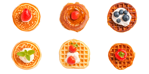 Set de seis gofres belga con distintos ingredientes y toppings. Fresas, arándonos, nata o chocolate. Gofre, waffle.