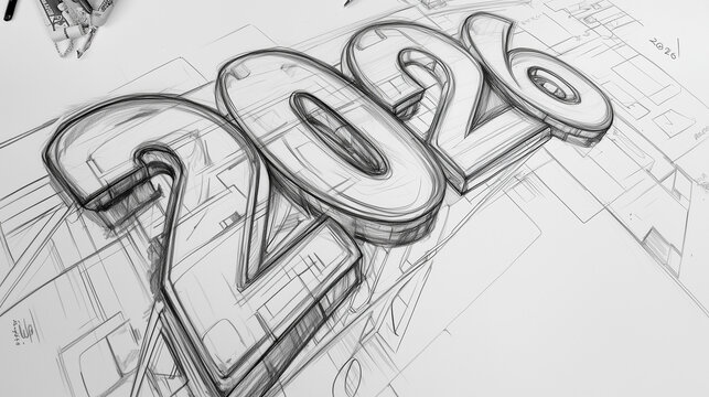 Sketch-style bold 3D rendering of number 2026 in large perspective view surrounded by abstract linear elements on white background representing the new year and futuristic optimism in conceptual graph
