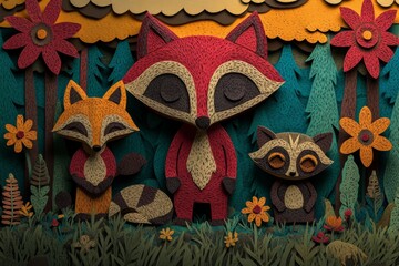 A beautiful paper art scene depicts a family of foxes amidst a kaleidoscope of colorful foliage and flowers, capturing the essence of nature and wildlife in a charming setting