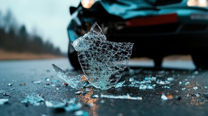 A dramatic close-up image focuses on shattered glass lying on the ground after a car accident, capturing the intricate details and emotional weight of the incident.