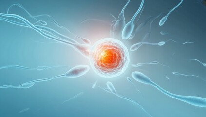 Detailed 3D illustration of sperm cells swimming toward and fertilizing a human egg, representing conception, reproduction, fertility, genetics, the beginning of human life at the microscopic level.