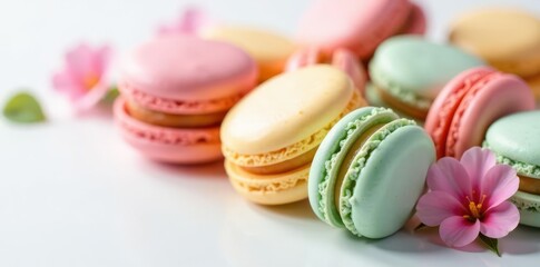 Obraz premium Vibrant pastel macarons arranged artfully on pristine white , delicious food, confectionery