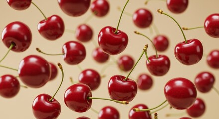 bright juicy red cherries in the air