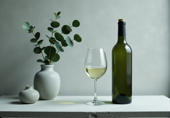 Elegant still life of a bottle and glass of white wine, eucalyptus branches in a vase on a white table.