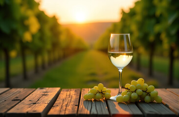 Glass of white wine and grapes on rustic wooden table at sunset in vineyard. Perfect for wine, summer, and relaxation themes.