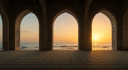 Fototapeta premium grand mosque, multiple prayer rugs are neatly arranged on the floor, illuminated by soft golden light filtering through large arched windows